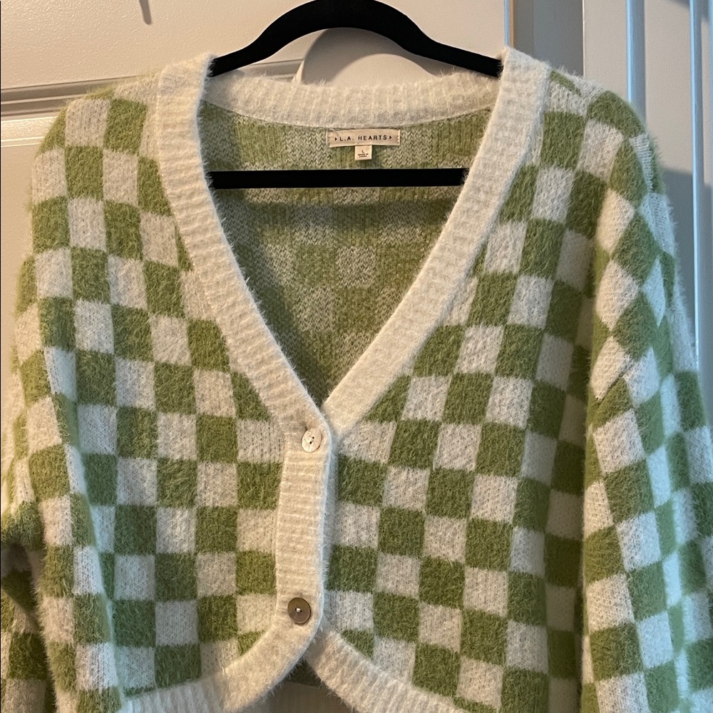 Green checkered LA hearts cardigan